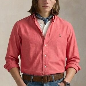 Polo Ralph Lauren Cotton Chambray Button Shirt Men M Classic Untucked Fit Red
